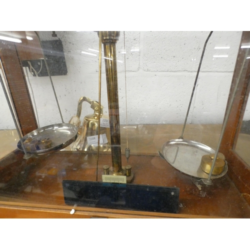 2161 - Microid jeweller’s carat scale/ pan balance in glass case with quantity of weights