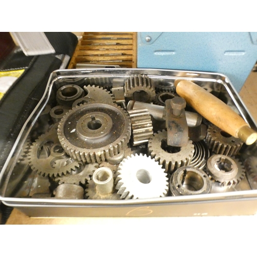 2179 - Blue tool box of spanners, 13 lathe bits & qty. of metal gear wheels