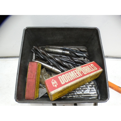 2189 - Metal tin of drill bits, some lathing parts