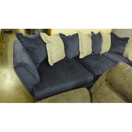 1375 - A large blue velvet corner sofa with reversible seat cushions