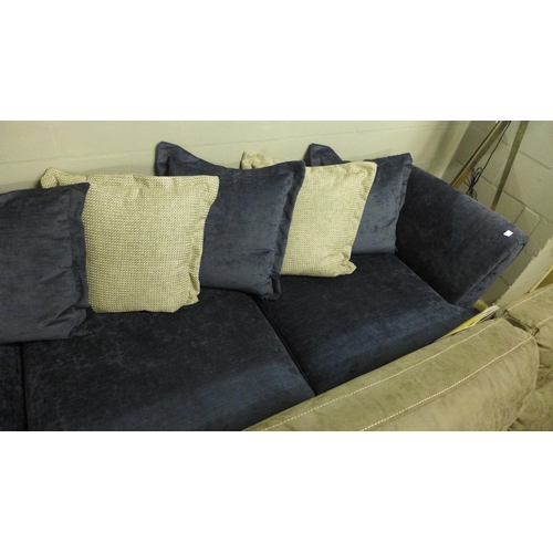 1375 - A large blue velvet corner sofa with reversible seat cushions