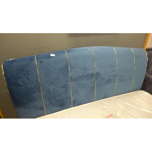 1423 - A deep ocean blue velvet and with gold piping kingsize bed frame