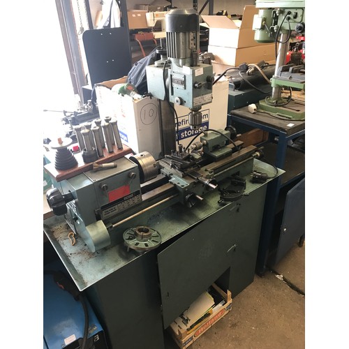 2083 - Myford/Emcomat 7 lathe machine on enamelled stand with pillar drill attachment, instructions