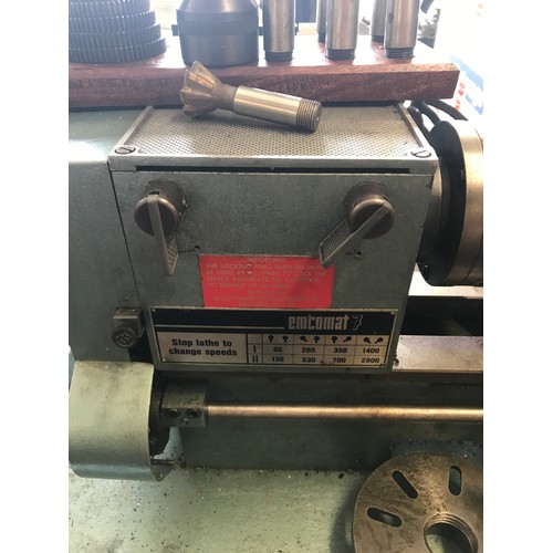 2083 - Myford/Emcomat 7 lathe machine on enamelled stand with pillar drill attachment, instructions