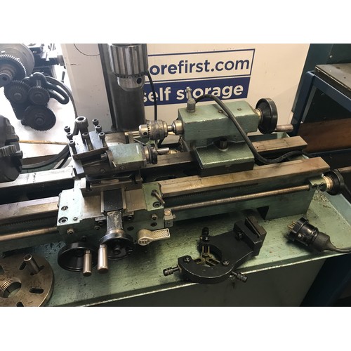 2083 - Myford/Emcomat 7 lathe machine on enamelled stand with pillar drill attachment, instructions