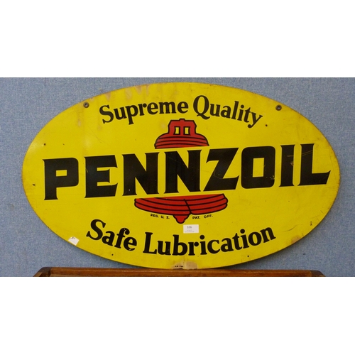 599 - An oval Pennzoil Safe Lubrication enamelled double sided sign