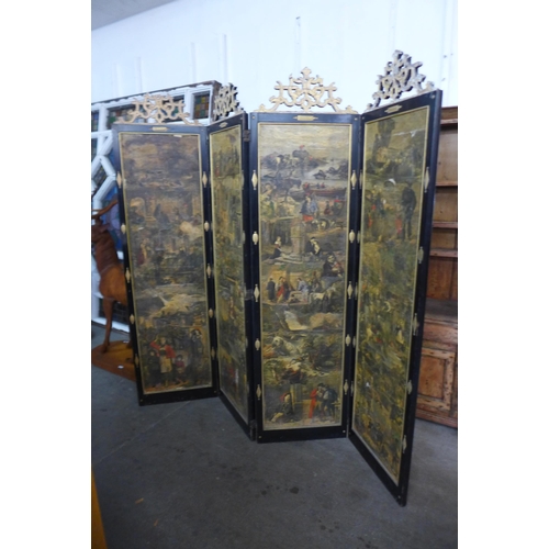 163 - A 19th Century ebonised and parcel gilt four fold scrap screen