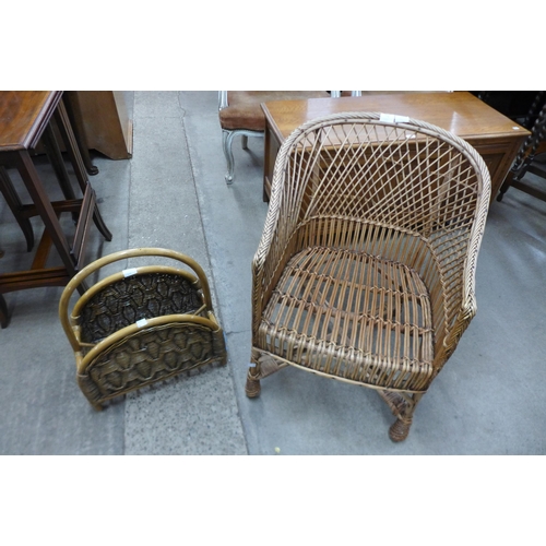 179 - A wicker chair and magazine stand