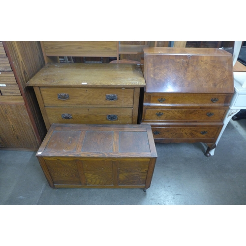 200 - An Edward VII oak chest of drawers, a blanket box and a mahogany bureau