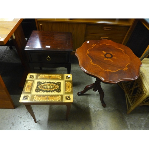 212 - A Stag Minstrel mahogany bedside chest, an Italian Sorrento ware occasional table and a musical occa... 