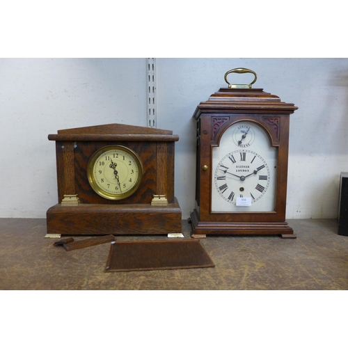 356 - A Kleiser, London burr elm bracket clock and an oak mantel timepiece