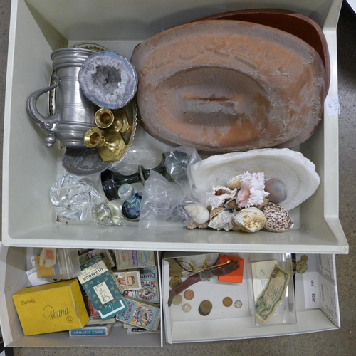 1043 - Three boxes containing mixed china, wooden items, shells, glassware, pewter tankards and cigarette c... 