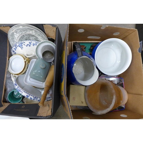 1043 - Three boxes containing mixed china, wooden items, shells, glassware, pewter tankards and cigarette c... 