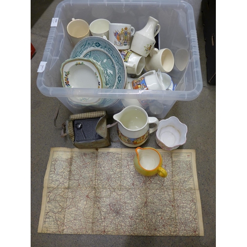 1050 - A collection of china including a Victorian bone china tea set, Paragon trio, a map, a Kodak camera ... 