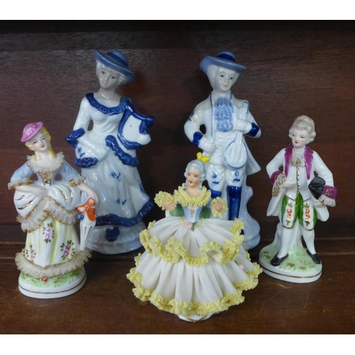 616 - Five ceramic figures including one with Dresden backstamp