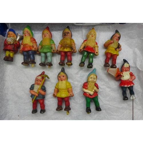 620 - Ten miniature painted plastic figures of dwarfs, probably used as cake decorations