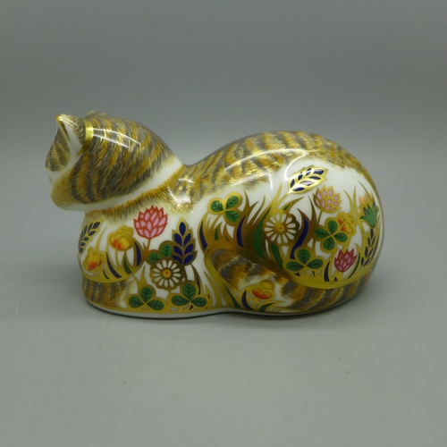 627 - A Royal Crown Derby paperweight Cottage Garden Cat with gold stopper