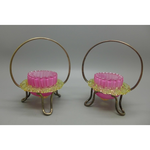 632 - A pair of Venetian glass salts on plated stands, one a/f