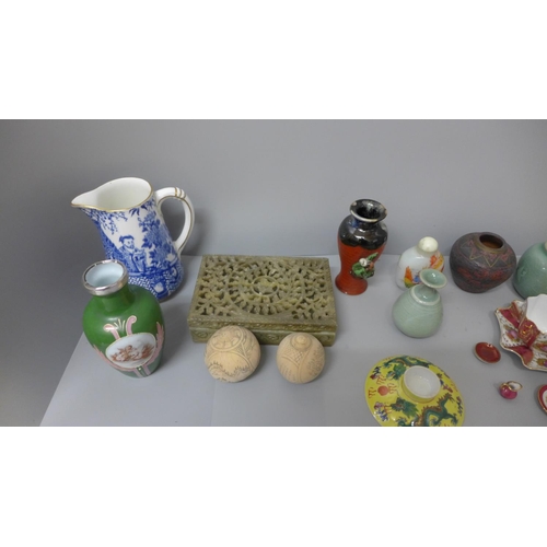 686 - Oriental and other china, blue and white jug, a/f, carved soapstone box, etc.