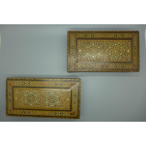 703 - Two Syrian wooden cigar boxes with decorative inlay, a Japanese 15-bar abacus and a wooden Geisha fi... 