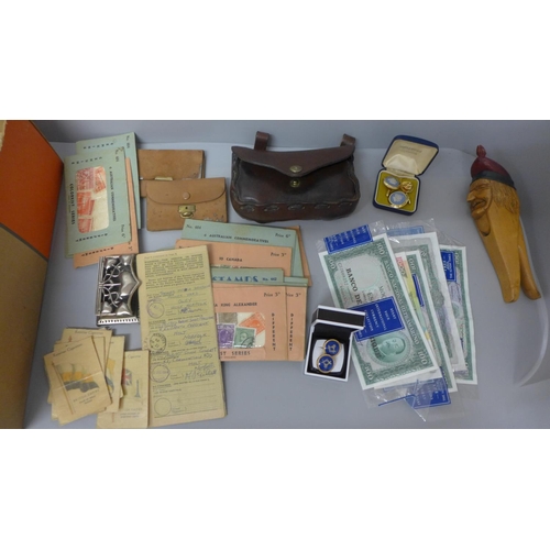 717 - Cufflinks, stamps, a WWI bullet pouch, Girl Guides badges, cigarette silks and carved nutcrackers