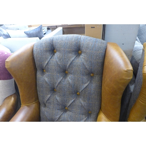 1442 - A Fast Track Wing Moreland Harris tweed and Cerato leather armchair