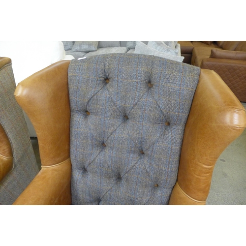 1455 - A Fast Track Wing Moreland Harris tweed and Cerato leather armchair