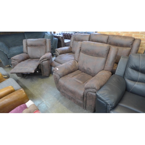 1580 - A Burnley brown fabric manual reclining three seater sofa and a pair of armchairs (original RRP £276... 