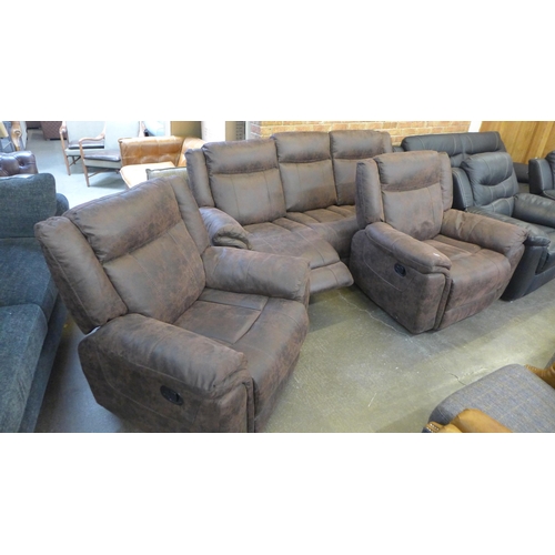 1580 - A Burnley brown fabric manual reclining three seater sofa and a pair of armchairs (original RRP £276... 