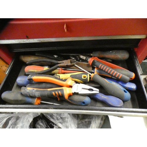 2035 - Red metal tool chest with approx. 75 hand tools & 2 socket sets