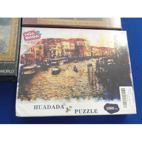 2100 - 3 Sealed 1000 piece jigsaws: Venice Grand Canal, Art Nouveau French Lady and Monet's Soleil Levant