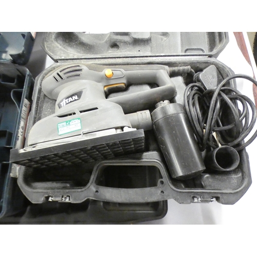 2110 - A Bosch 110v GB13E Professional drill, Macallister cordless drill and a Titan sander