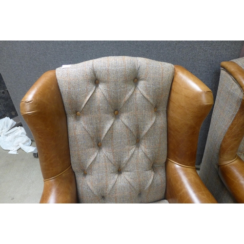 1668 - A Fast Track Kew hunting lodge Harris tweed and Cerato leather armchair *missing leg*