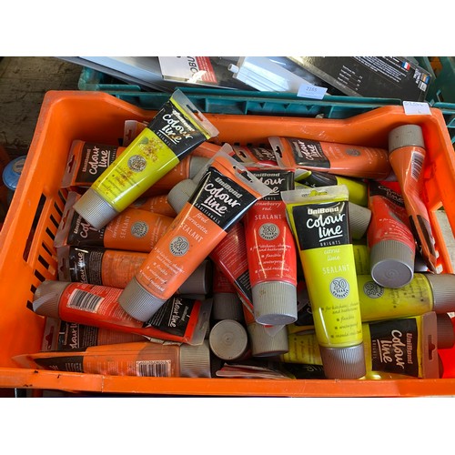 2164 - 2 boxes of drill bolts, 10 x 500ml tubs of teak oil with tray of approx. 50 tubes of coloured sealan... 