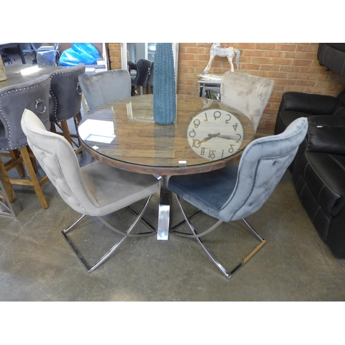 1604 - A Chennai small round dining table with glass top and a set of four Hugo chairs (two grey, two taupe... 