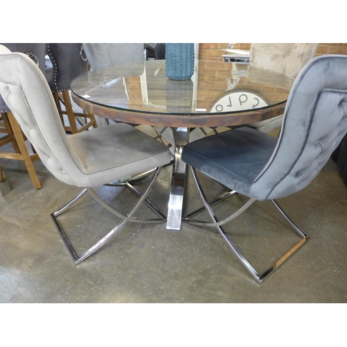 1604 - A Chennai small round dining table with glass top and a set of four Hugo chairs (two grey, two taupe... 