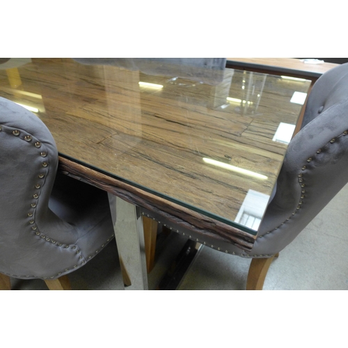 1626 - A railway sleeper 180cm dining table with glass top and a set of six grey Arlo chairs