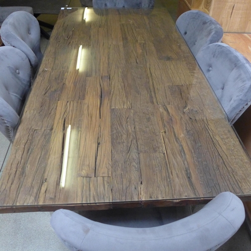 1626 - A railway sleeper 180cm dining table with glass top and a set of six grey Arlo chairs