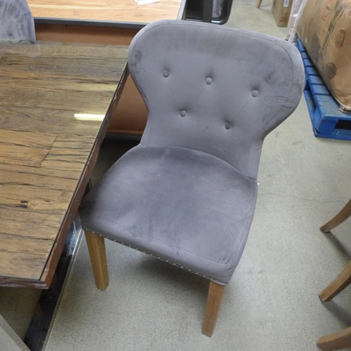 1626 - A railway sleeper 180cm dining table with glass top and a set of six grey Arlo chairs