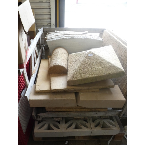 2397 - A pallet of unused garden stone items including lime end stones, slabs, 5 coping stones, gatepost to... 