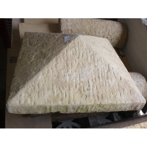 2397 - A pallet of unused garden stone items including lime end stones, slabs, 5 coping stones, gatepost to... 