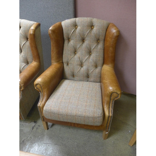 1348 - A Fast Track Kew hunting lodge Harris tweed and Cerato leather armchair