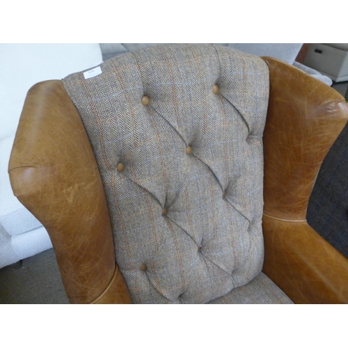 1364 - A Fast Track Kew hunting lodge Harris tweed and Cerato leather armchair damage left hand side front