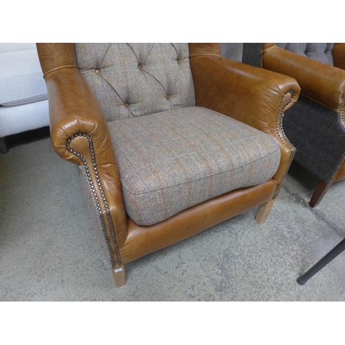 1364 - A Fast Track Kew hunting lodge Harris tweed and Cerato leather armchair damage left hand side front