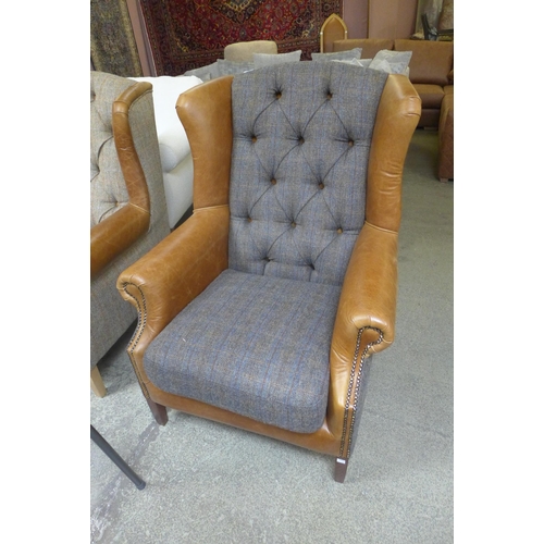 1395 - A Fast Track Wing Moreland Harris tweed and Cerato leather armchair