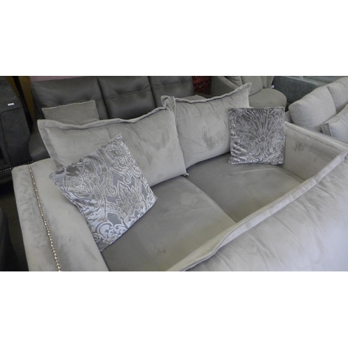 1431 - A Regency silver velvet and studded three seater sofa and love seat (original RRP £1898) (small tear... 