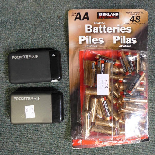 3213 - AA Batteries and Two Pocket Juice Power Banks      (250A -514,517)  * This lot is subject to vat