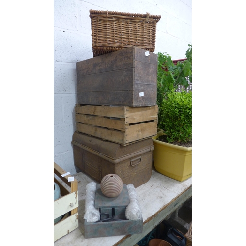 2342 - Qty. of greenhouse storage boxes & wicker/picnic baskets, plus metal locker