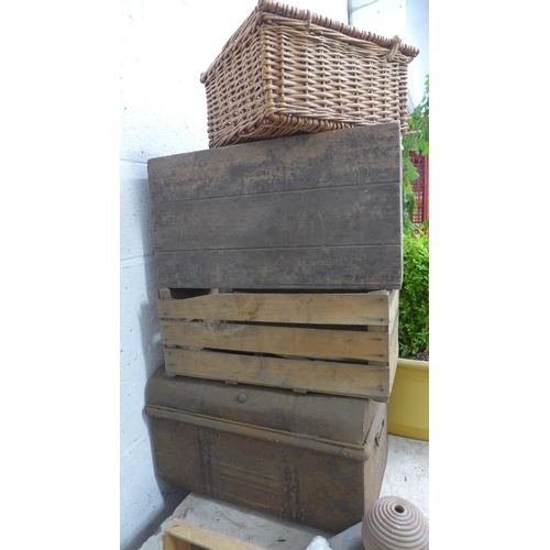 2342 - Qty. of greenhouse storage boxes & wicker/picnic baskets, plus metal locker