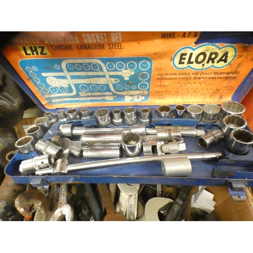 2026 - Box of clamps, spanners and vices with Elora socket set plus tub of hand tools